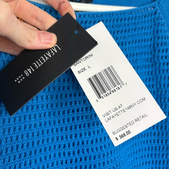 NWT Lafayette 148 New York MSRP $368 Cerulean Blue Sweater Open Crochet Large - Picture 6 of 11
